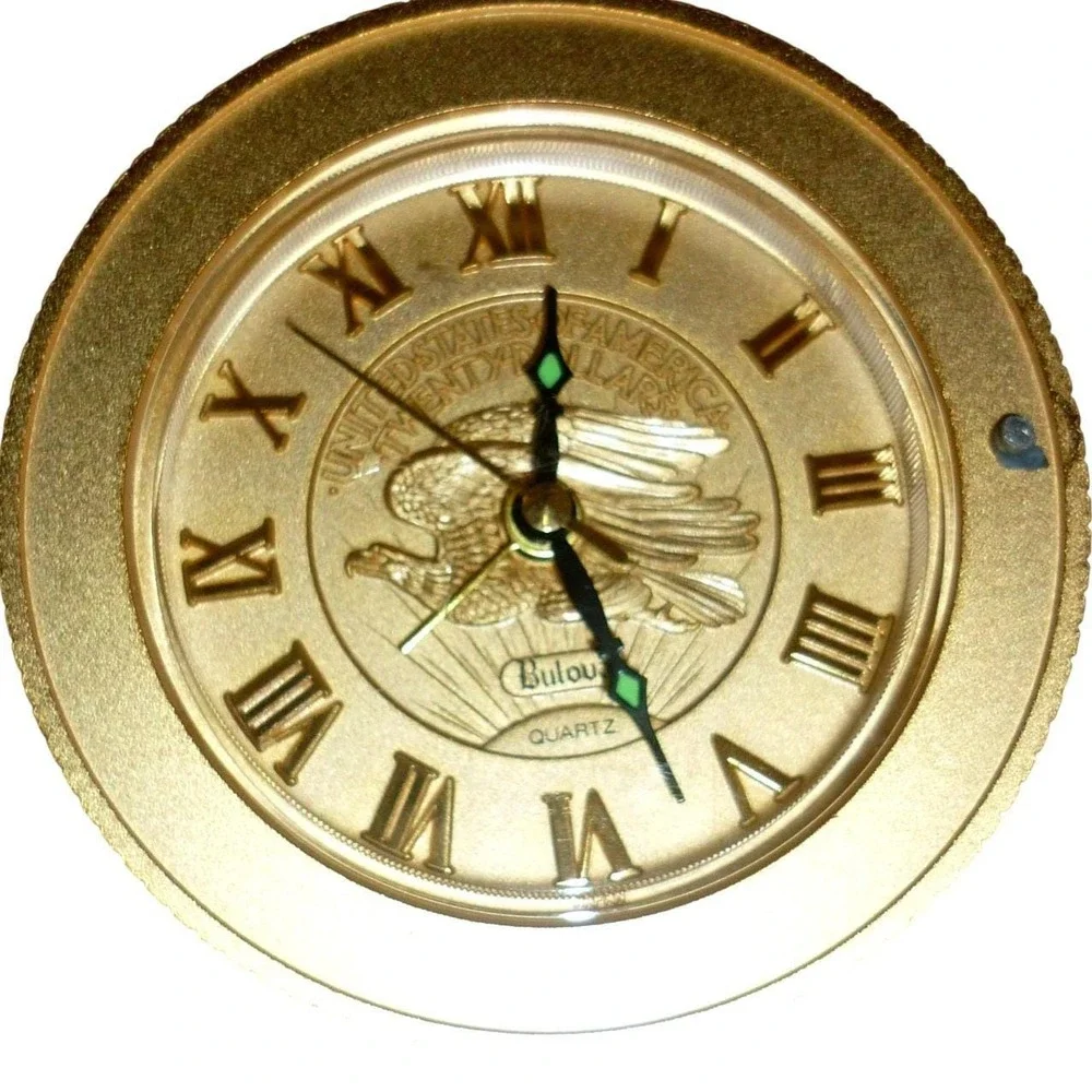 Bulova B0675 Gold Tone Coin Face Eagle Quartz Alarm‎ Desk Clock Roman Numerals